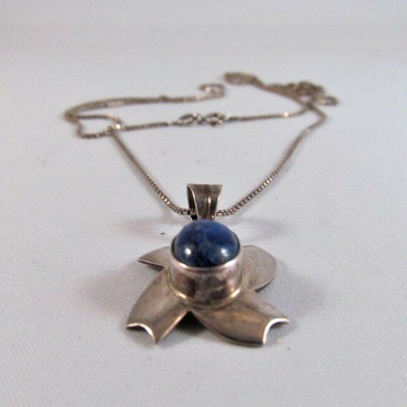 Sterling 925 Silver Lapis Lazuli Gemstone Abstract Pendant Necklace Vintage - Picture 8 of 9